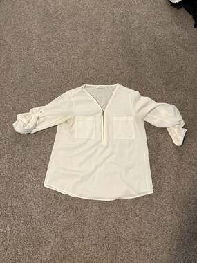 Calvin Klein Ivory Zip-Front Roll-Tab Sleeve Utility Blouse